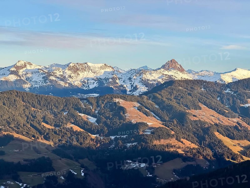 Snowy mountain peaks with Rettenstein summit in evening light, Kelchsau, Kitzbühel Alps, Tyrol, Austria