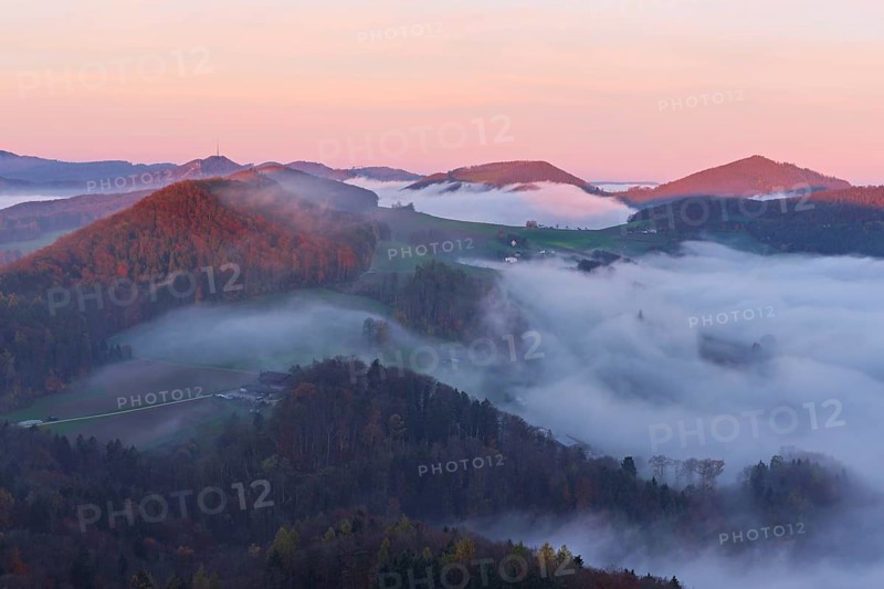 View from the Gisliflue of the Jura foothills covered in fog from the left, Wasserfluh, Summerholde, Asperstrihen, Strihen, in the morning light, Talheim, Canton, Aargau, Switzerland