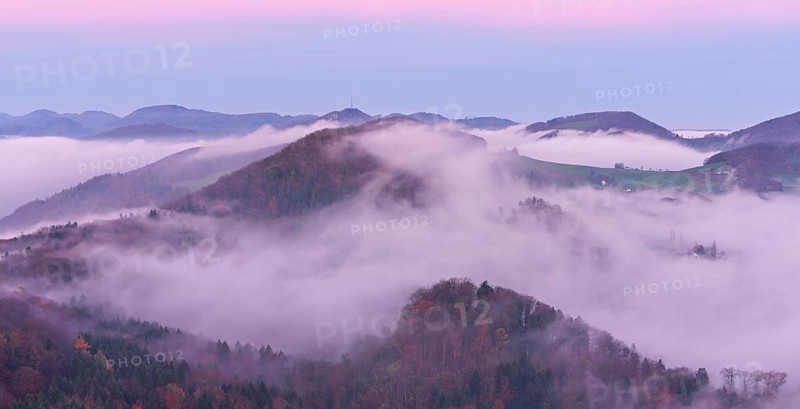 View from the Gisliflue of the Jura foothills covered in fog from the left, Wasserfluh, Summerholde, Asperstrihen in the morning light, Talheim, Canton, Aargau, Switzerland