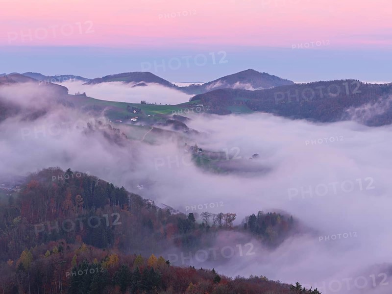 View from the Gisliflue of the Jura foothills covered in fog from the left, Summerholde, Asperstrihen, Strihen, in the morning light, Talheim, Canton, Aargau, Switzerland