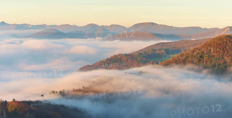 View from the Gisliflue of the Jura foothills covered in fog in morning light, Talheim, Canton, Aargau, Switzerland