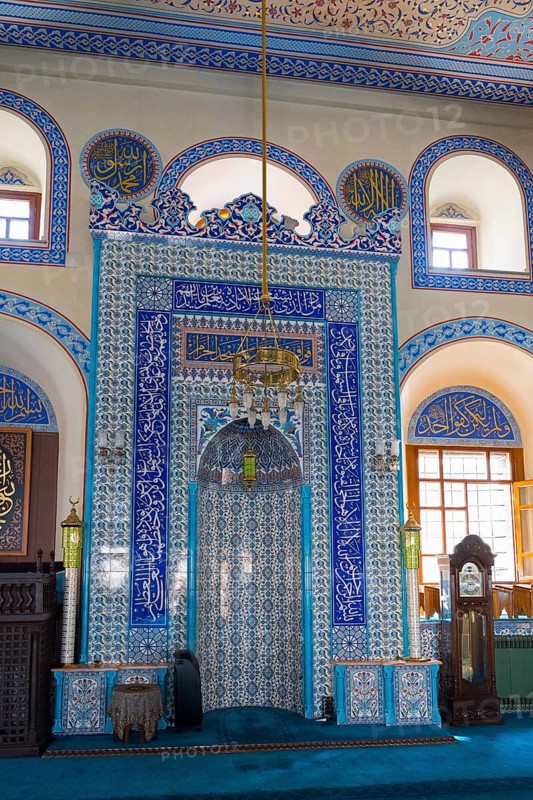 Detailed view of a richly decorated prayer niche in light blue tiles, Kapu Mosque, mosque from the Ottoman period, Konya, Central Anatolia, Turkey