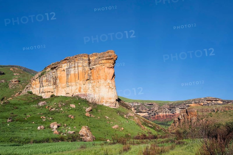 Brandwag Buttress, grassland with sandstone cliffs and cliffs, landscape in Golden Gate Highlands National Park, Free State, South Africa