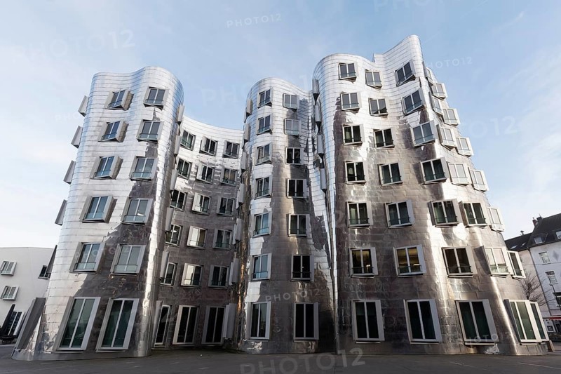 New Zollhof by architect Frank O. Gehry, house with aluminum façade, Gehry buildings in the Deconstructivist style, Düsseldorf, North Rhine-Westphalia, Germany
