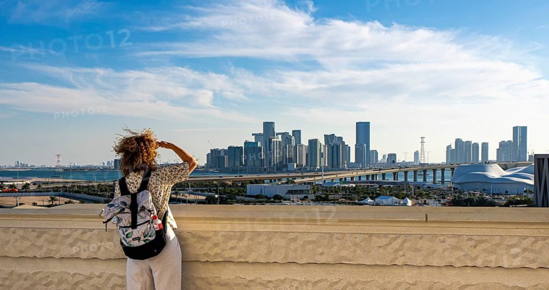 View of Abu Dhabi's skyline from the Zayed National Museum platform, the museum is the heart of the cultural district on Saadiyat Island, Abu Dhabi, United Arab Emirates