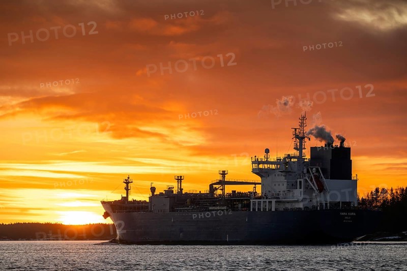 Tanker Yara Kara with home port Oslo, Norway at sunset, archipelago, southwest coast, Finland