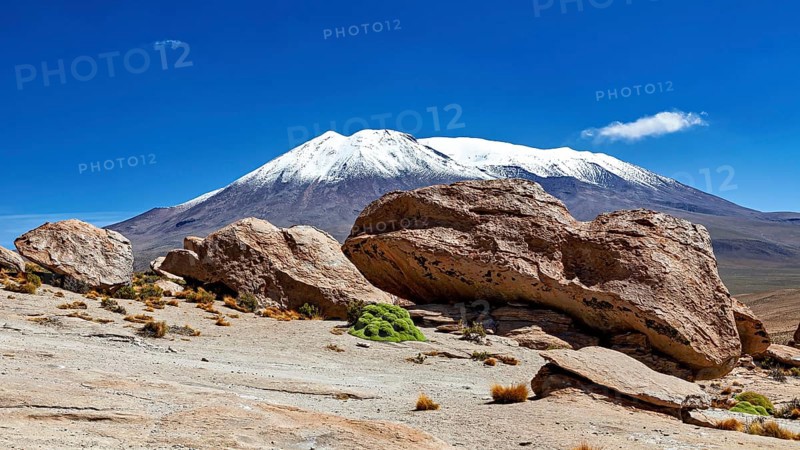 Rocks in desert area with a snow-covered mountain in the background under bright blue sky, The landscape of the Altiplano in Bolivia
