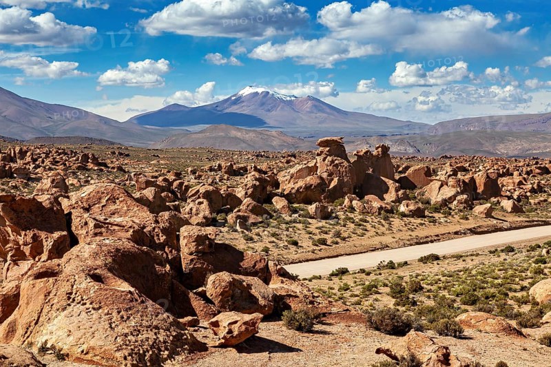 Arid landscape with distinctive rocks, a desert road and mountain backdrop under a cloudy sky, The landscape of the Altiplano in Bolivia