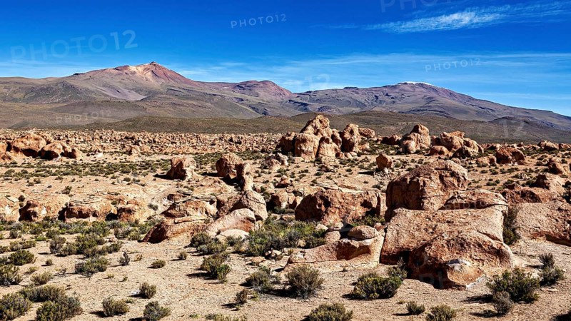 Rocky desert landscape with impressive rock formations and mountains under a blue sky, The landscape of the Altiplano in Bolivia