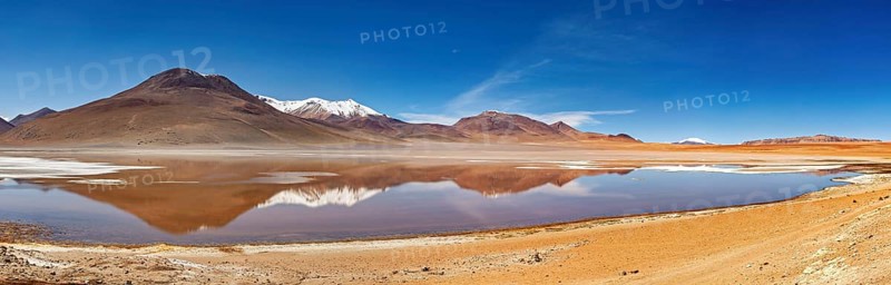 Extensive landscape with reflecting lake and snow-capped mountains under bright skies, Laguna Colorada in Altiplano in Bolivia