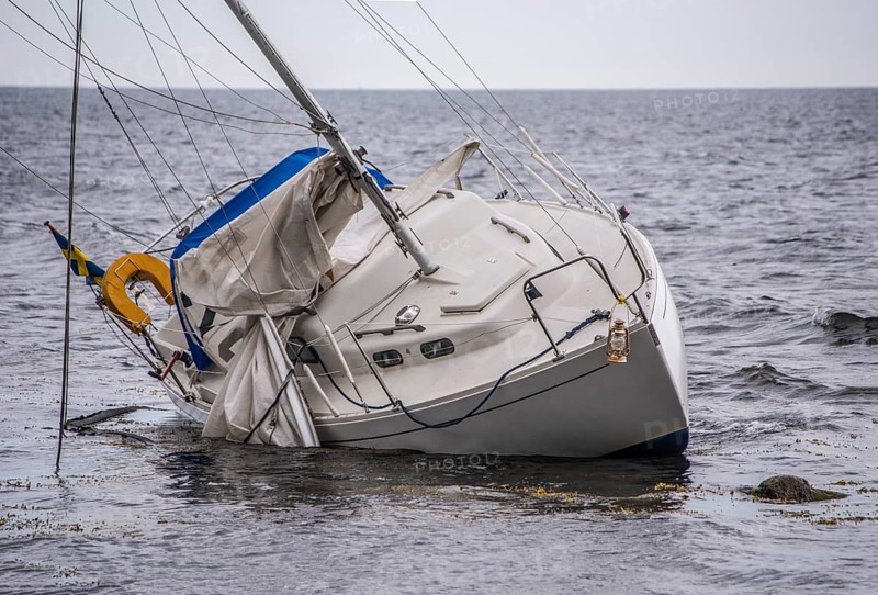 Wrecked sailboat on the coast of Ystad, Skåne County, Baltic Sea, Sweden, Scandinavia
