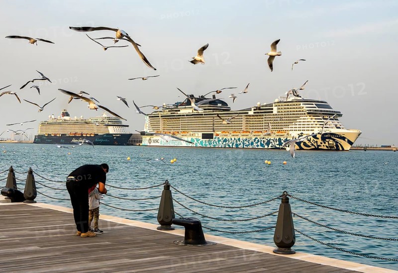 Mina District across from the cruise terminal, locals and tourists feed the seagulls, Doha, United Arab Emirates, Western Asia