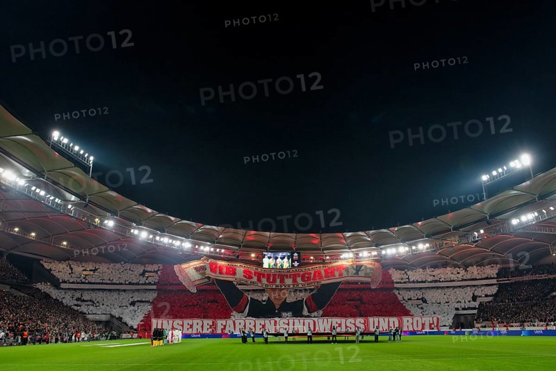 Choreo, choreography, fan action VfB Stuttgart, Cannstatter Kurve, OUR COLORS ARE WHITE AND RED soccer, UEFA EUROPA LEAGUE, MHPArena, MHP Arena Stuttgart, Baden-Württemberg, Germany