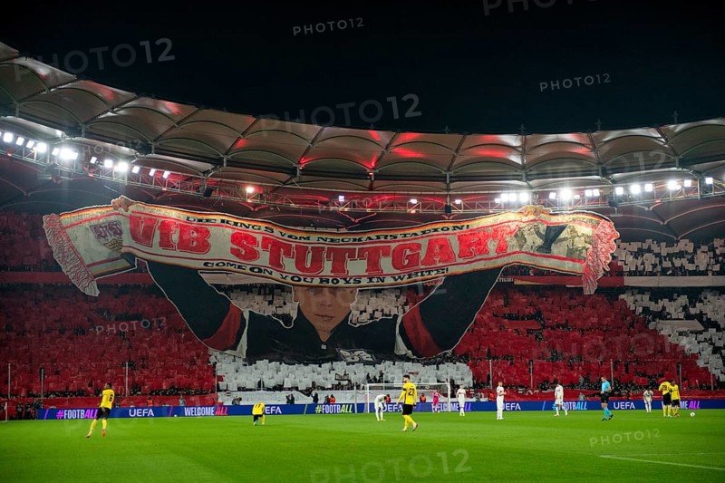 Choreo, choreography, fan action VfB Stuttgart, Cannstatter Kurve, soccer, UEFA EUROPA LEAGUE, MHPArena, MHP Arena Stuttgart, Baden-Württemberg, Germany
