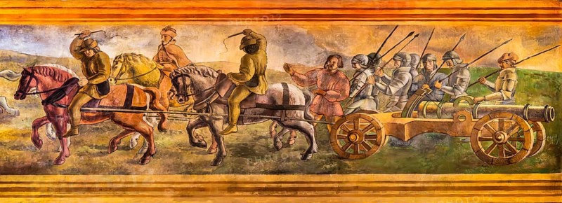 Ceiling fresco with soldiers and cannons, Wawel Royal Castle, former residence and seat of government of the kings of Poland, founded around 1000, Krakow, Poland