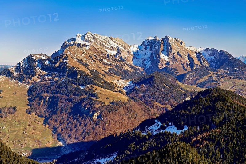 View of snow-covered Säntis from Gulmen, Amden, Canton of St. Gallen, Switzerland
