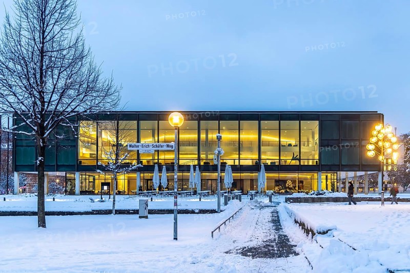 Exterior view of the state parliament building. Winter in Stuttgart. The city is wintry white early in the morning. Stuttgart, Baden-Württemberg, Germany