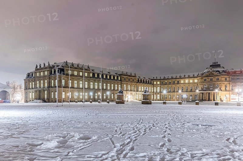 New castle. Winter in Stuttgart. The city is wintry white early in the morning. Stuttgart, Baden-Württemberg, Germany