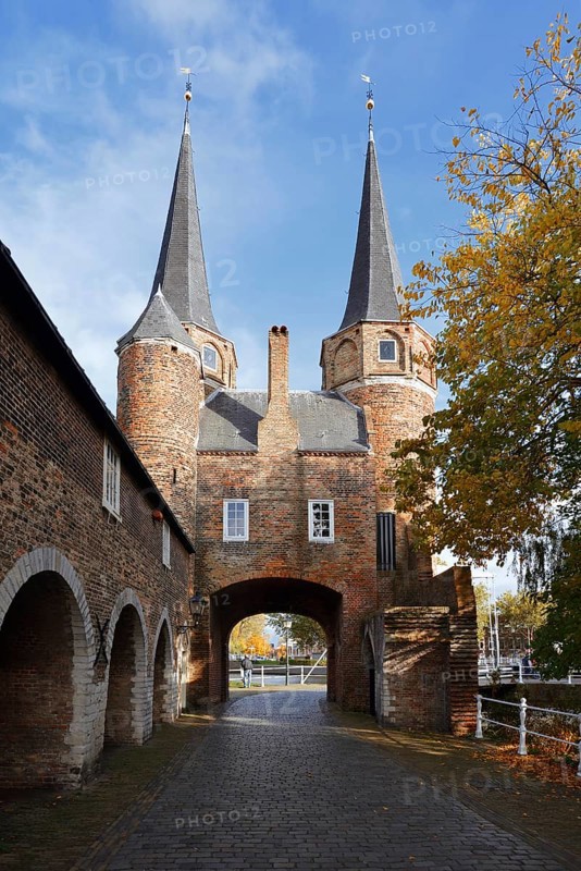 Oostpoort city gate in autumn, Delft, South Holland, Netherlands