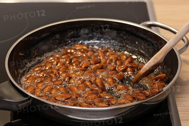 Almonds caramelized in a pan while stirred with a spoon. Germany