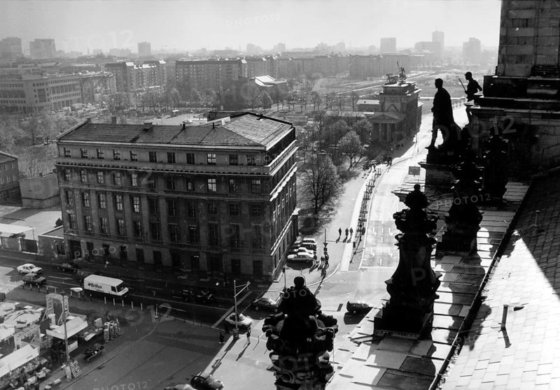 View from the Reichstag from the perspective of the famous flag painting by J. Chaldej, 1994 Berlin, Germany
