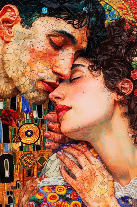 Couple in a romantic embracement, Painting like composition, AI generated
