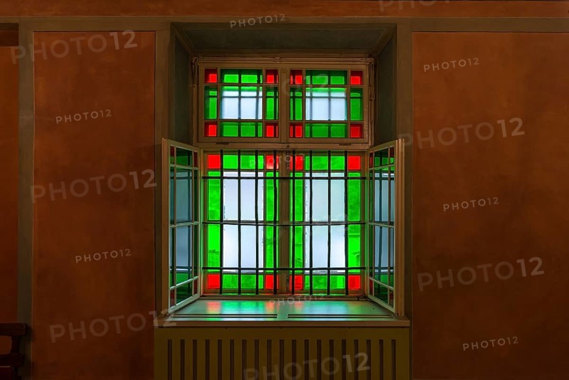 Colourful window in the Remuh synagogue in the Kazimierz Jewish district, Krakow, Poland