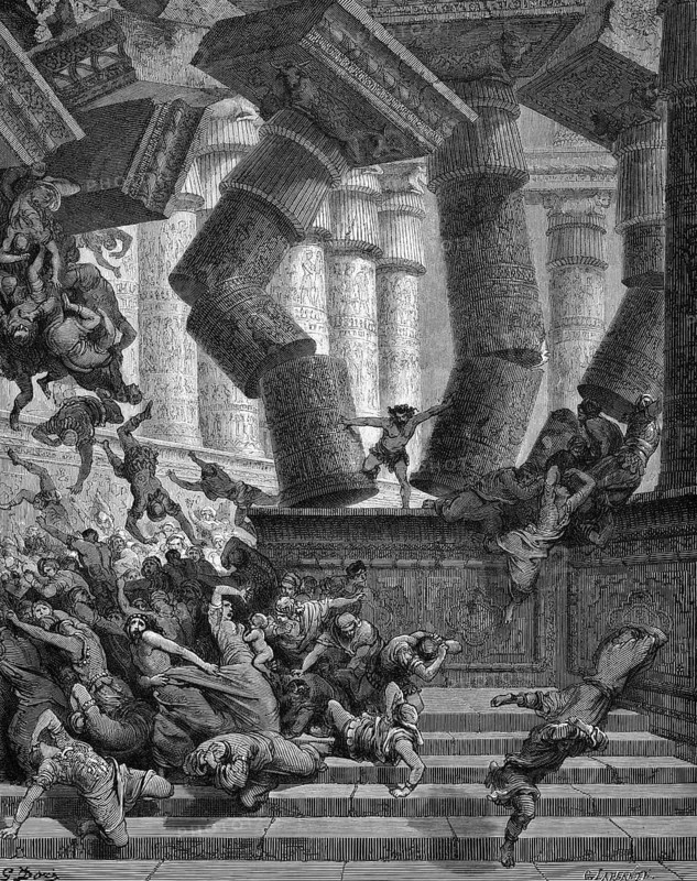 Death of Samson, he collapses the building and goes to death with the Philistines, Bible, Book of Judges chapter 16, verse 30, story, betrayal, city prince, prisoner, steps, pillars fall, break, many dead, strength, arms, God, show off, strength, trick, wisdom, historical illustration based on Gustave Doré around 1880