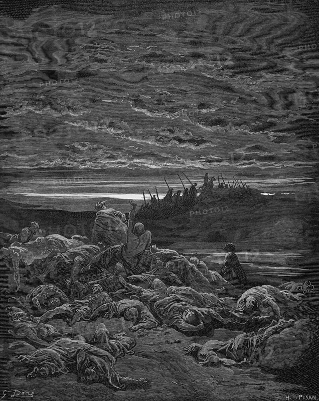 Murder of the children of Jerubbaal in Ofra by Abimelech's troupe, Bible, book of judges chapter 9, verse 5, story, many dead, murder, merciless, unrepentant, pain, grief, darkness, historical illustration based on Gustave Doré around 1880
