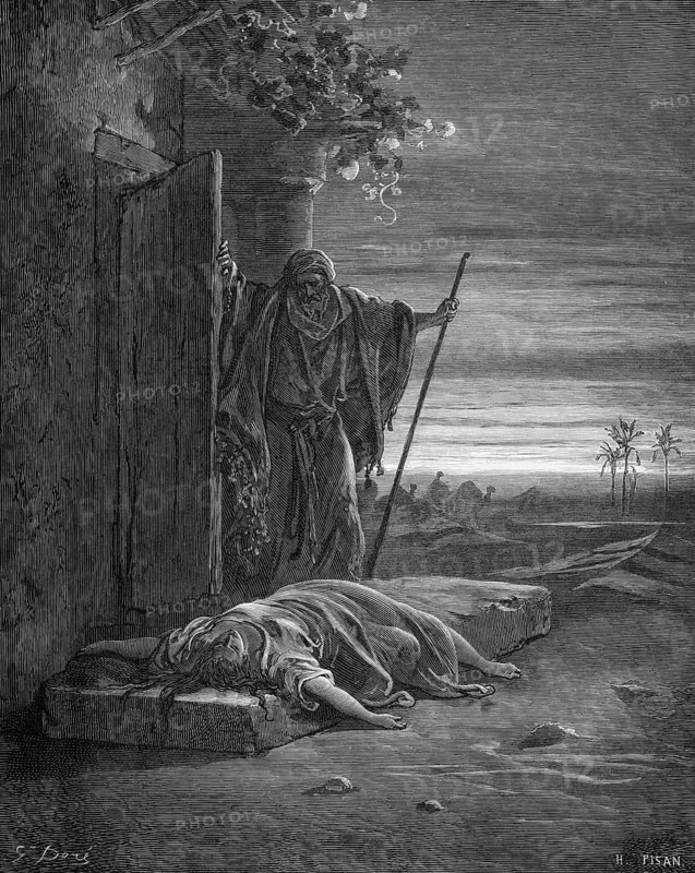 The woman of Levite Ephraim lies dead on the threshold of her house, Bible, Book of Judges chapter 19, verse 27, story, woman, return, impotence, collapse, fall over, die, front door, man, staff, glimpse, grief, pain, house front, palm trees, camels, landscape, historical illustration based on Gustave Doré around 1880