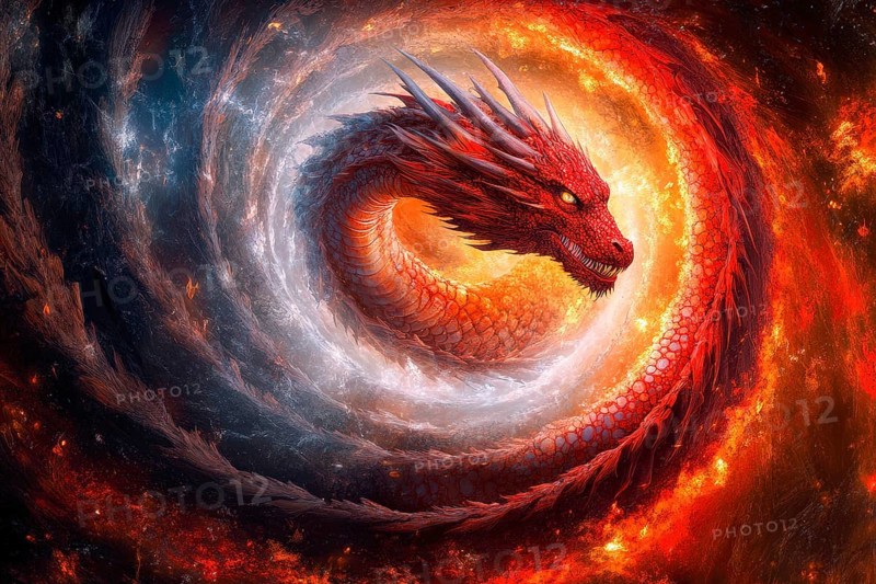 Mythic red dragon emerging from a cosmic fire spiral, AI generated
