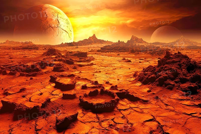 Imaginary desolate landscape of a red planet after an earthquake, AI generated
