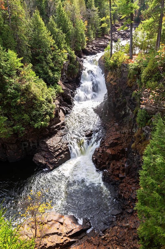 High angle view of Dorwin Falls and Ouareau river in autumn, Dorwin Falls Park, Rawdon, Lanaudiere, Quebec, Canada