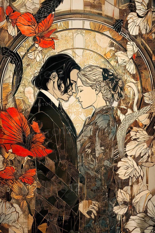 Tarot card The Lovers showing a couple in a romantic embracement symbolizing the concept of Love, AI generated
