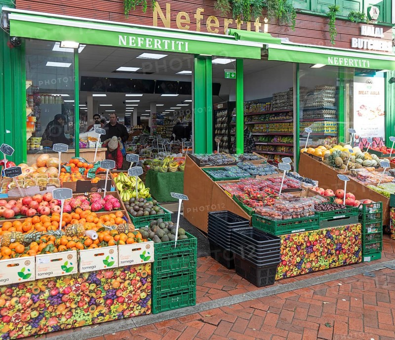 Nefertiti fruit and vegetable greengrocer shop in town centre of Reading, Berkshire, England, UK