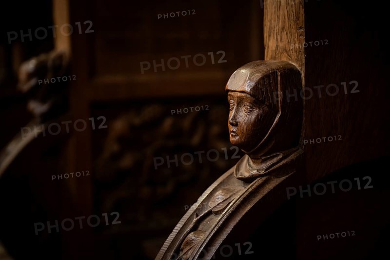 Head of a woman, oak choir stalls for the monks, 1493 by Jörg Syrlin the Younger, also Sürlin or Serling, sculptor, completed, choir room, Blaubeuren Abbey, Swabian Jura, Baden-Württemberg, Germany