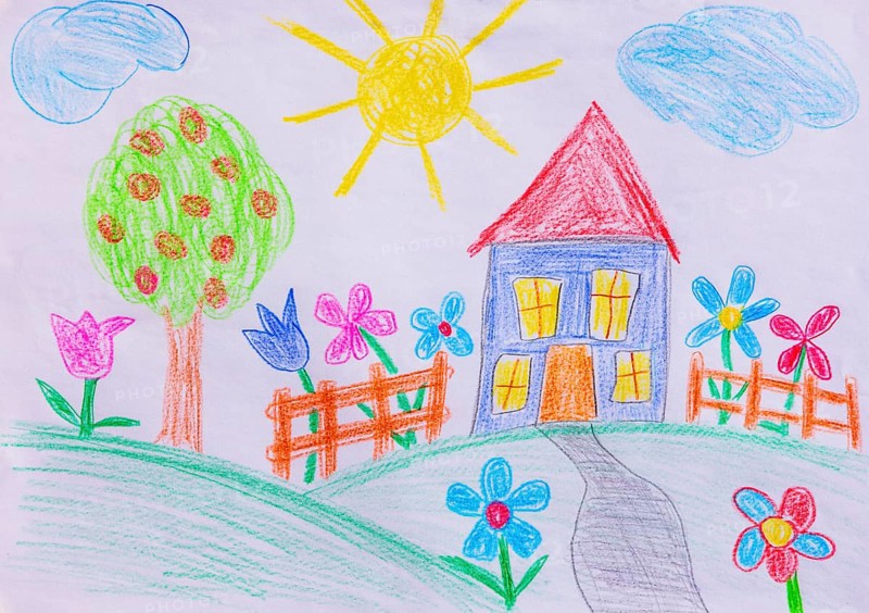 Naive illustration, children's drawing, house with garden, flowers, sunshine and cloud, Austria