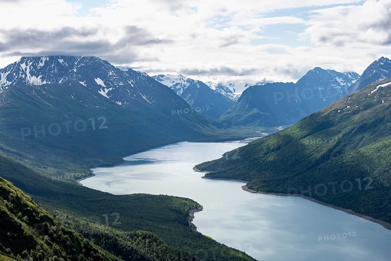 View of blue lake and mountains on Twin Peaks Trail, Eklutna Lake, Chugach Mountains, Chugach State Park, Alaska, USA