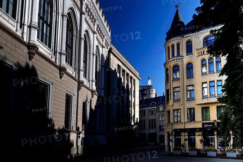 Large guild and cat house at Livu Square in Riga under deep blue sky, Riga, Latvia