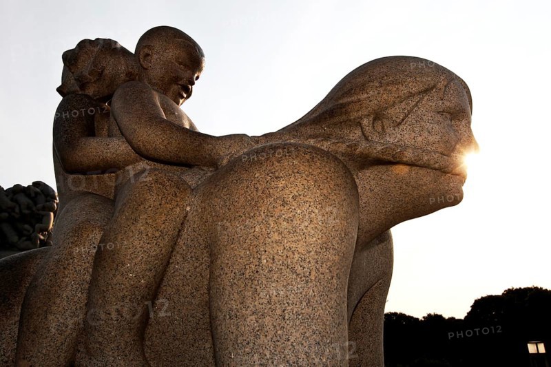 Granite figure depicting a dynamic moment in the soft light of the sun, Oslo, Norway