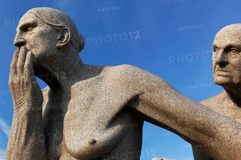 Two granite figures depict thoughtful and complex interaction, Oslo, Norway