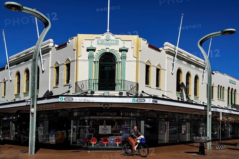 Westerman's Building in art deco style with pastel coloured façade in the sun, Hastings, New Zealand