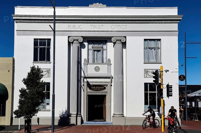Elegant art deco building with magnificent columns and white façade, Hastings, New Zealand