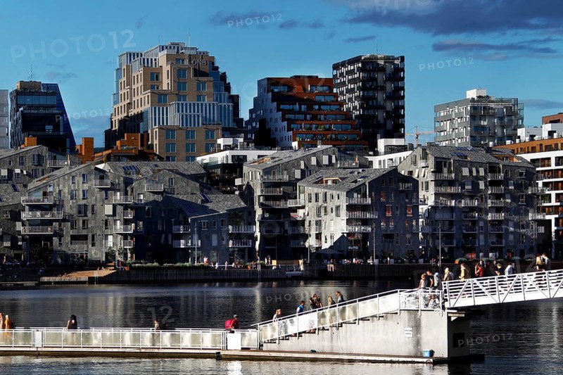 Impressive modern buildings along the water in harbor area, Oslo, Norway