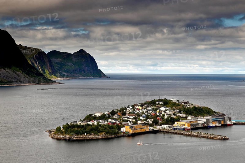 Panorama of Husøy Island surrounded by sea and mountains, Husøy, Senja, Norway