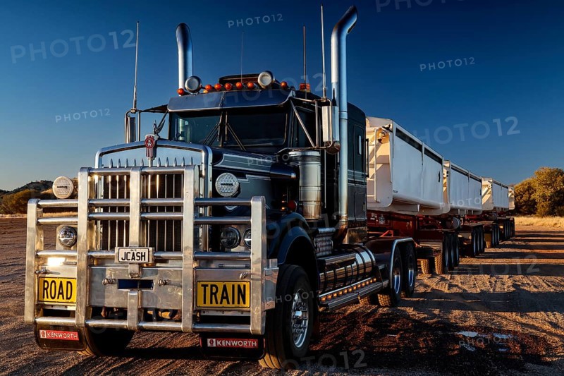 Large road train on Stuart Highway under clear skies, zero