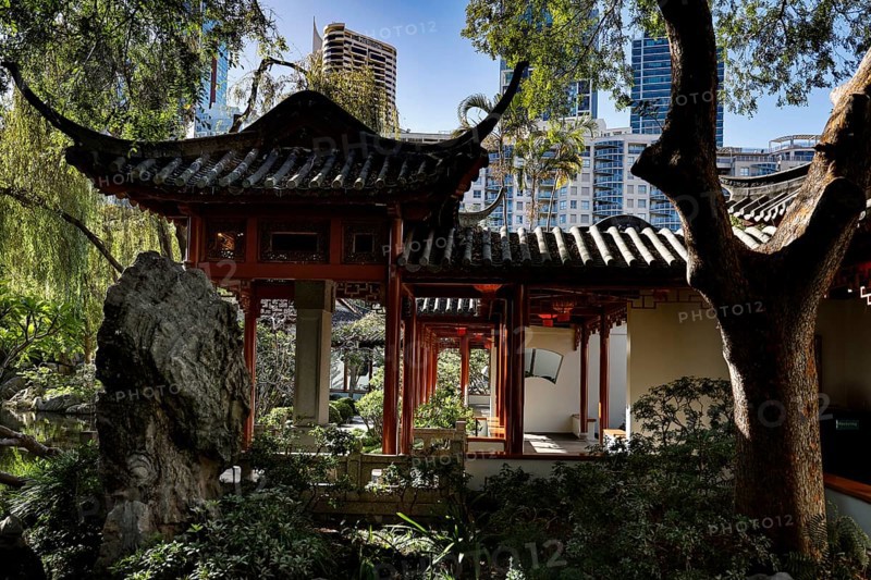 Traditional architecture and lush vegetation in the Chinese Garden of Friendship, Sydney, New South Wales, Australia