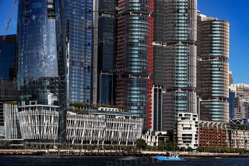 Modern skyline of Barangaroo with distinctive waterfront buildings, Sydney, New South Wales, Australia