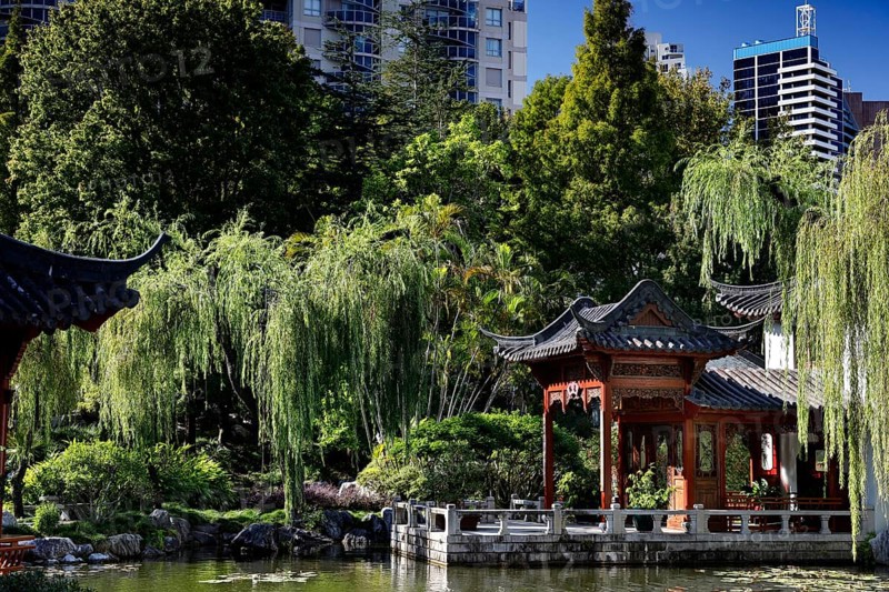 Traditional pavilion with pond and city buildings in the background, Sydney, New South Wales, Australia