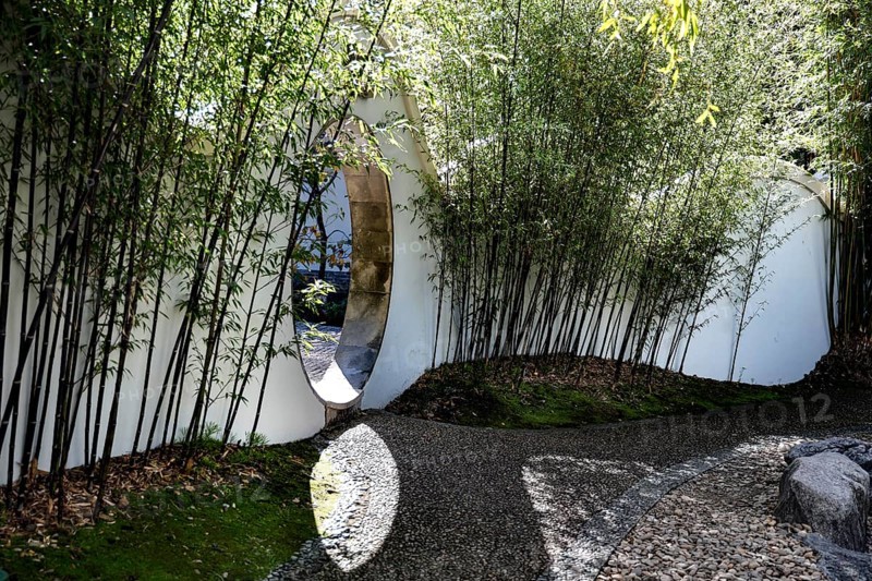 Moon gate in a bamboo grove in the Chinese Friendship Garden in Sydney, Sydney, New South Wales, Australia
